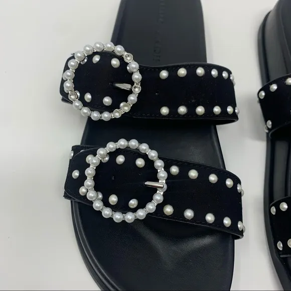 Rebecca Minkoff Veeoleeta Double Suede Strap Pearl Embellished Slide Sandals