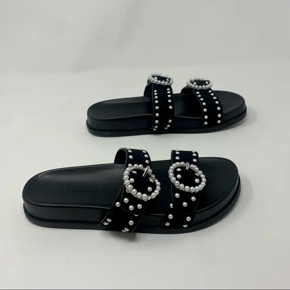 Rebecca Minkoff Veeoleeta Double Suede Strap Pearl Embellished Slide Sandals