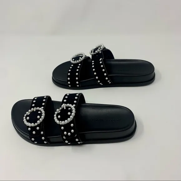 Rebecca Minkoff Veeoleeta Double Suede Strap Pearl Embellished Slide Sandals