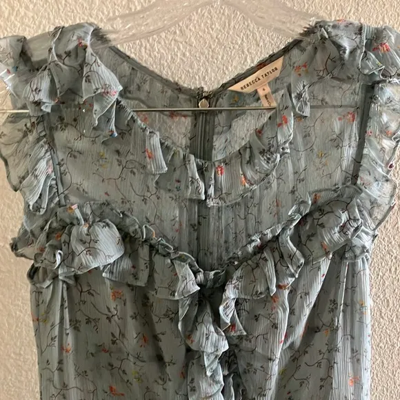 Rebecca Taylor 100% Silk Ruffle Tiered Sleeveless Dress Floral Blue Sz 6- EUC