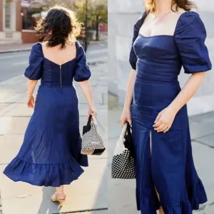 Reformation Belgium Blue Linen Midi Dress Slit Puff Sleeve Size‎ 2