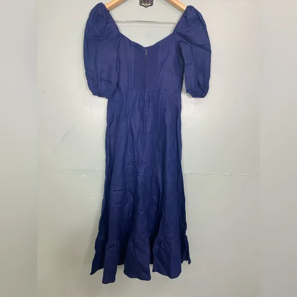 Reformation Belgium Blue Linen Midi Dress Slit Puff Sleeve Size‎ 2
