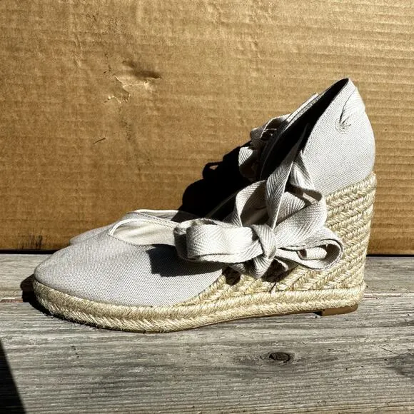 Reformation Camilla Lace Up Wedge Espadrille Sandals Linen Closed Toe Cream 7M