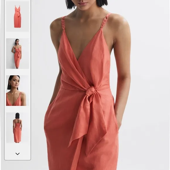 Reiss $225 Esme Dress Size 2 Coral 🪸 Orange Linen Midi Wrap Summer Bloomingdales