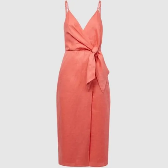 Reiss $225 Esme Dress Size 2 Coral 🪸 Orange Linen Midi Wrap Summer Bloomingdales