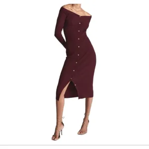 REISS Camille Knitted Button Through Midi Dress Burgundy | S