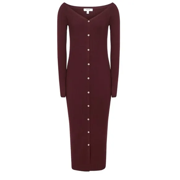 REISS Camille Knitted Button Through Midi Dress Burgundy | S