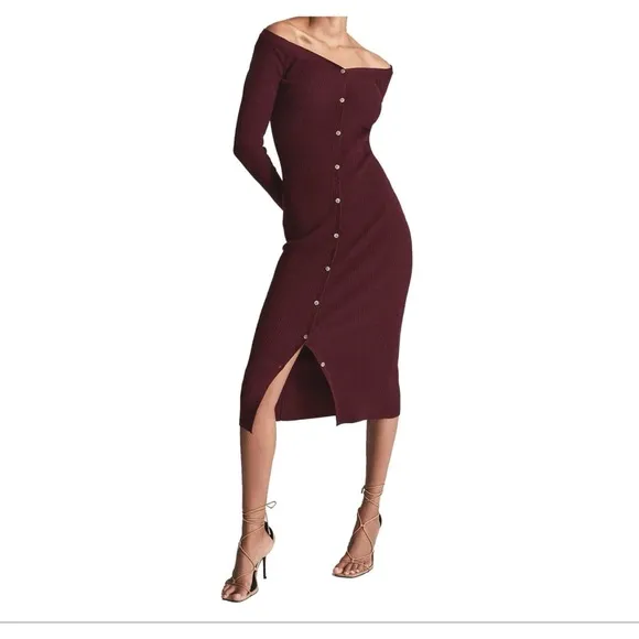 REISS Camille Knitted Button Through Midi Dress Burgundy | S