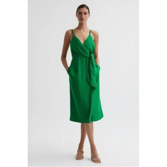 Reiss Esme Linen Side Tie Sheath Dress in Green