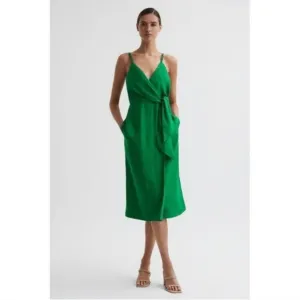 Reiss Esme Linen Side Tie Sheath Dress in Green