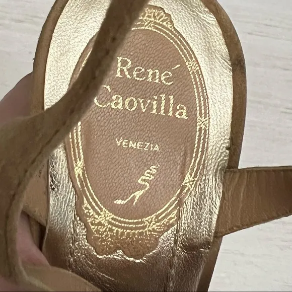 Rene Caovilla Wedge Woven Platform Leather T Strap Rhinestone Sandal Size 5.5