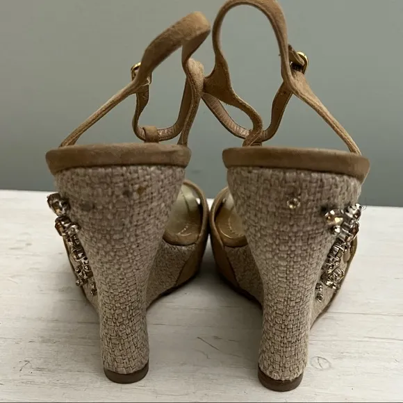 Rene Caovilla Wedge Woven Platform Leather T Strap Rhinestone Sandal Size 5.5