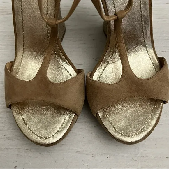 Rene Caovilla Wedge Woven Platform Leather T Strap Rhinestone Sandal Size 5.5