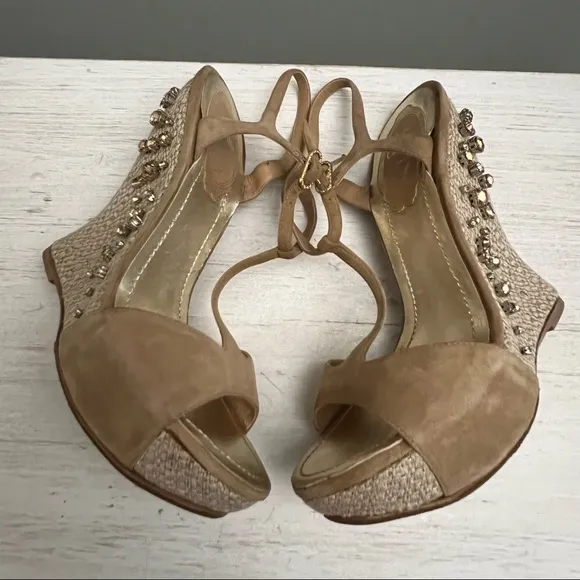 Rene Caovilla Wedge Woven Platform Leather T Strap Rhinestone Sandal Size 5.5