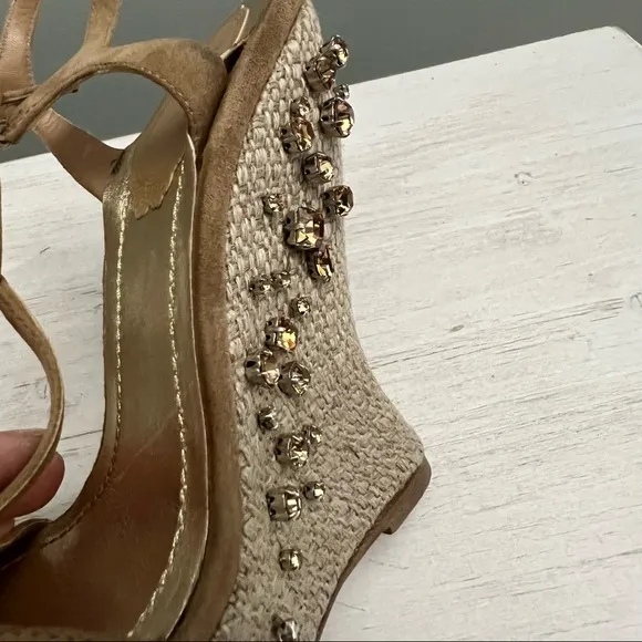 Rene Caovilla Wedge Woven Platform Leather T Strap Rhinestone Sandal Size 5.5