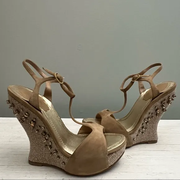 Rene Caovilla Wedge Woven Platform Leather T Strap Rhinestone Sandal Size 5.5