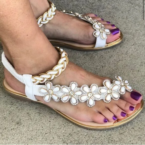 Restock! Atalina Toe Ring White Floral Rhinestone Embellished Woven Gold Sandal