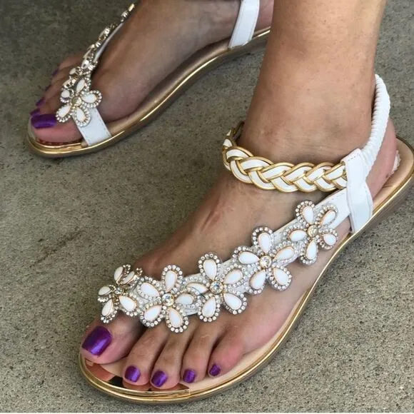 Restock! Atalina Toe Ring White Floral Rhinestone Embellished Woven Gold Sandal
