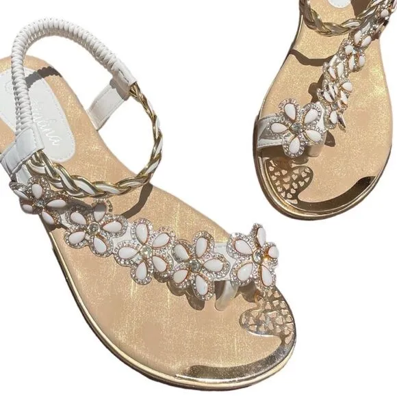 Restock! Atalina Toe Ring White Floral Rhinestone Embellished Woven Gold Sandal