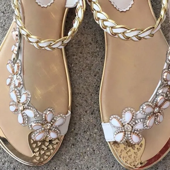 Restock! Atalina Toe Ring White Floral Rhinestone Embellished Woven Gold Sandal