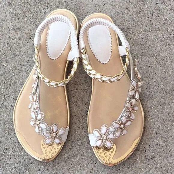 Restock! Atalina Toe Ring White Floral Rhinestone Embellished Woven Gold Sandal