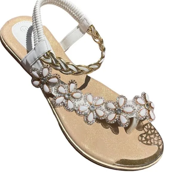 Restocked Italina / Atalina Toe Ring White Floral Rhinestone Daisy Sandal