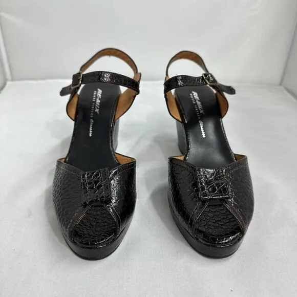 Retro Brown Crocodile Pattern Leather Platform Wedge Sandals (8)