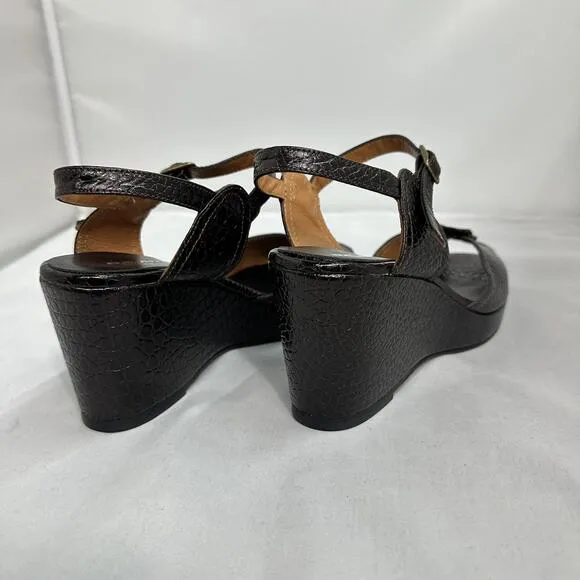 Retro Brown Crocodile Pattern Leather Platform Wedge Sandals (8)