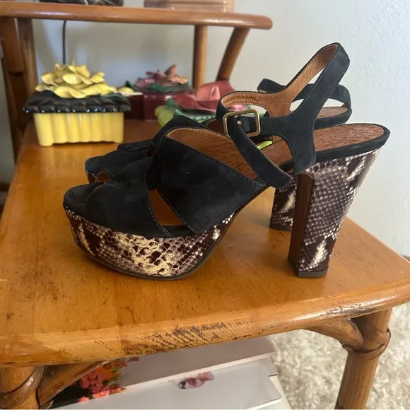 Retro Heels Navy Blue Suede Sandals Snake Chie Mihara 8.5 9 39 1940s Style