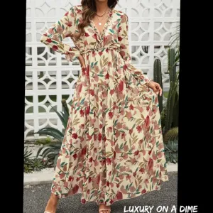 Retro Mix Floral Long Sleeve Ruffle Tiered Flowing V-neck Long Maxi Dress