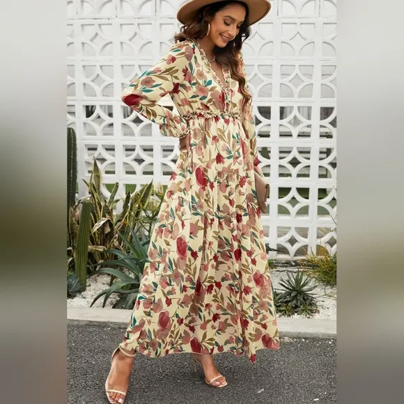 Retro Mix Floral Long Sleeve Ruffle Tiered Flowing V-neck Long Maxi Dress
