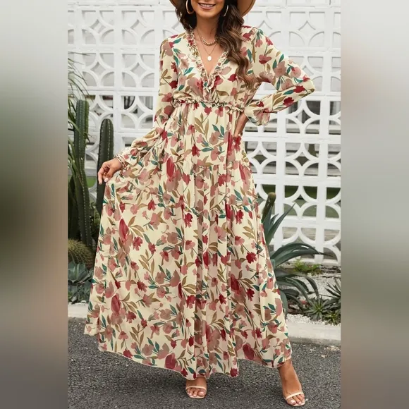 Retro Mix Floral Long Sleeve Ruffle Tiered Flowing V-neck Long Maxi Dress