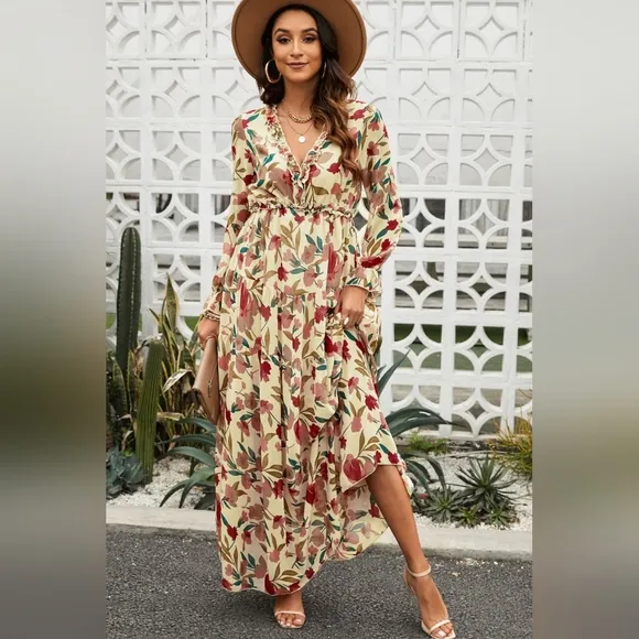 Retro Mix Floral Long Sleeve Ruffle Tiered Flowing V-neck Long Maxi Dress