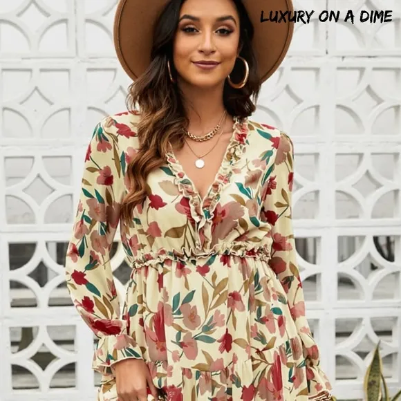 Retro Mix Floral Long Sleeve Ruffle Tiered Flowing V-neck Long Maxi Dress