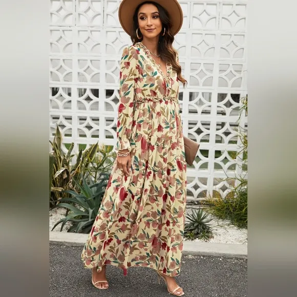 Retro Mix Floral Long Sleeve Ruffle Tiered Flowing V-neck Long Maxi Dress