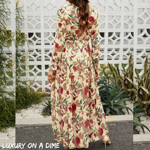 Retro Mix Floral Long Sleeve Ruffle Tiered Flowing V-neck Long Maxi Dress