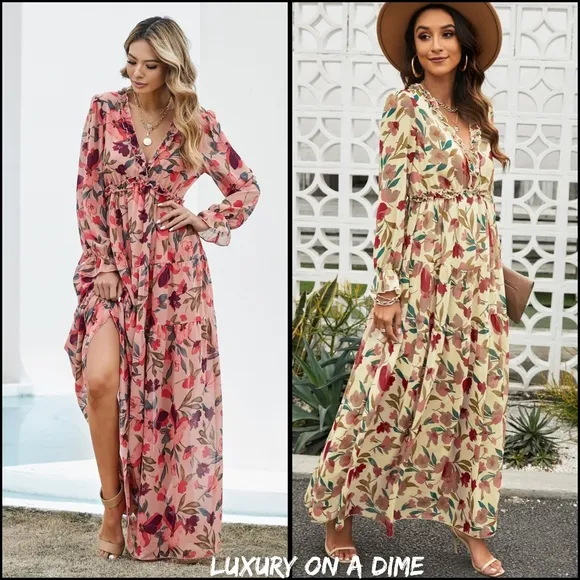 Retro Mix Floral Long Sleeve Ruffle Tiered Flowing V-neck Long Maxi Dress