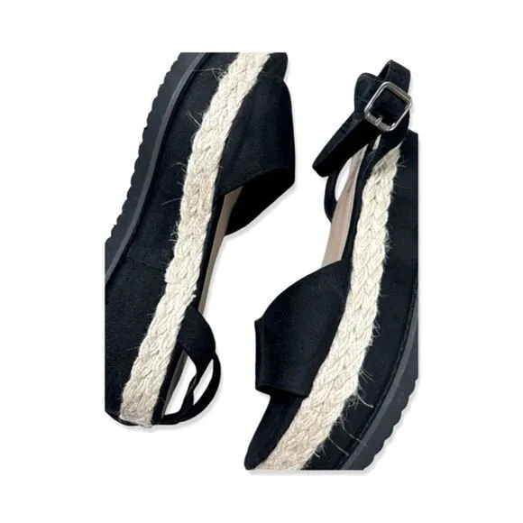 Retro Women's Black Faux Suede Leather Slingback Ankle Strappy Wedges Sandals