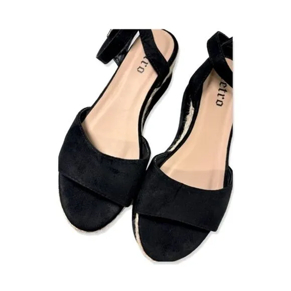 Retro Women's Black Faux Suede Leather Slingback Ankle Strappy Wedges Sandals