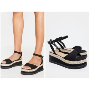 Retro Women's Black Faux Suede Leather Slingback Ankle Strappy Wedges Sandals