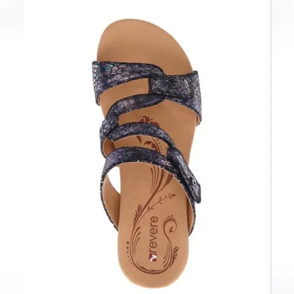 Revere Sofia Black Metallic Python Leather Sandal, Women Size 6M $160