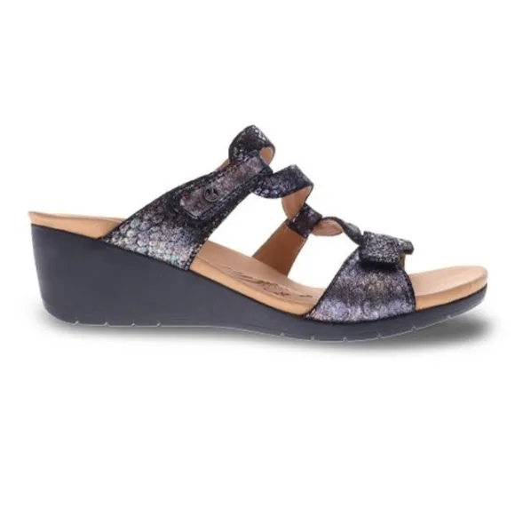Revere Sofia Black Metallic Python Leather Sandal, Women Size 6M $160