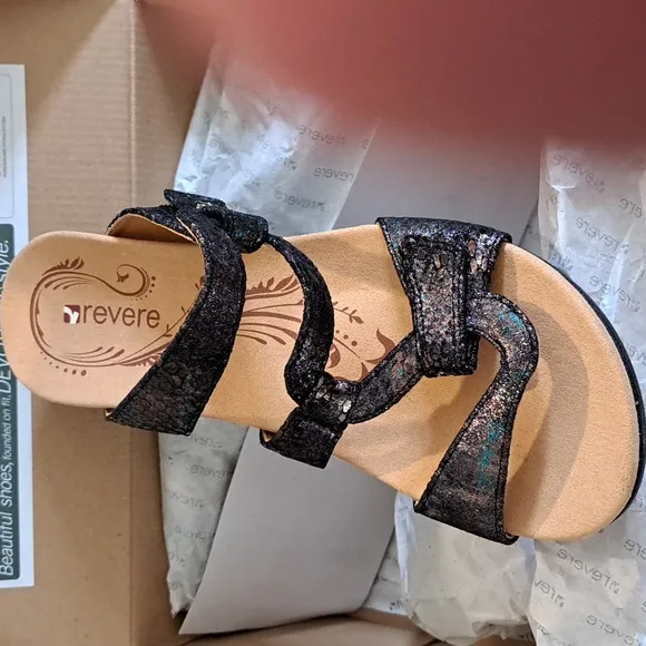 Revere Sofia Black Metallic Python Leather Sandal, Women Size 6M $160