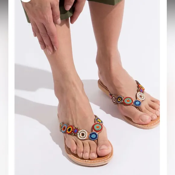 Revolve NWT laidback London Fun Tribal Flip Flop hand beaded sandals Pool Party