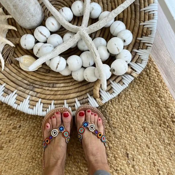 Revolve NWT laidback London Fun Tribal Flip Flop hand beaded sandals Pool Party