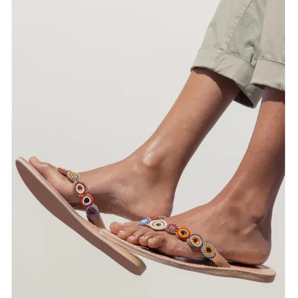 Revolve NWT laidback London Fun Tribal Flip Flop hand beaded sandals Pool Party