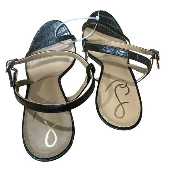 Revolve Sam Edelman Doran Black Croc Embossed Vegan Leather Strappy Sandal Heels