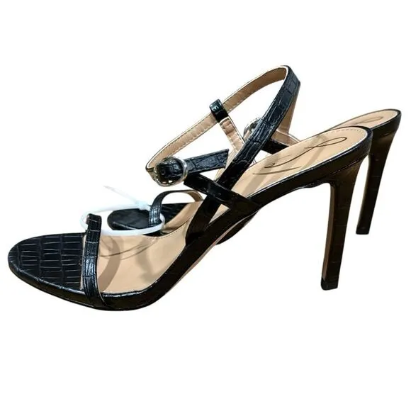 Revolve Sam Edelman Doran Black Croc Embossed Vegan Leather Strappy Sandal Heels