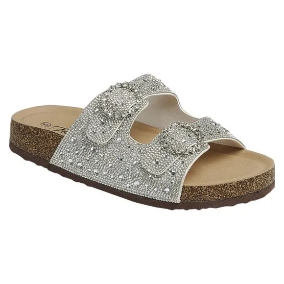 Rhinestone Cork Sole Double Buckle Slide Sandals - Forever