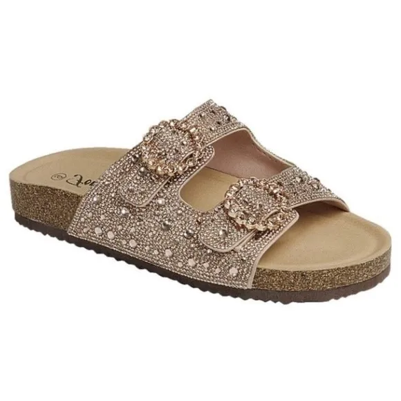 Rhinestone Cork Sole Double Buckle Slide Sandals - Forever